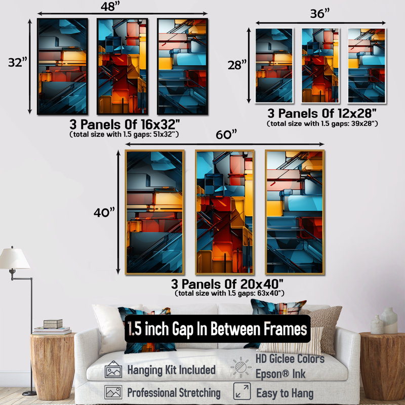 «Cubism Vivid Collage I» - ensemble d'art mural cubisme, Cadre flottant doré, H 40 po x l 60 po x P 1 po
