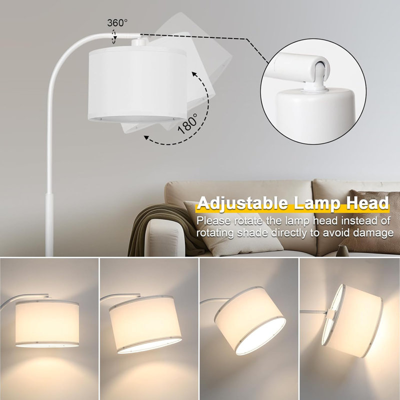 Dimmable Arc Floor Lamp With Adjustable Drum Shade & Led Bulb For Living Room, Bedroom, Office, White