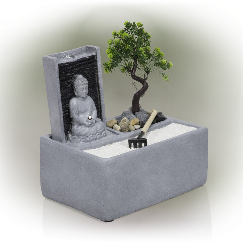 Gray Cement Buddha Bonsai Garden Tabletop Fountain with LED Light