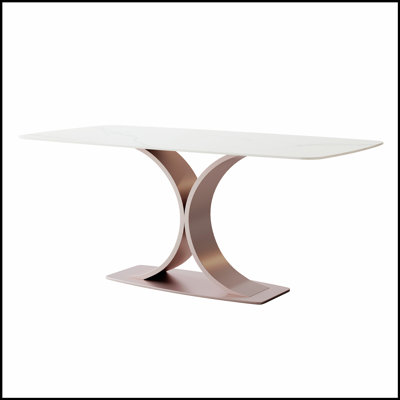 Elegant Red Copper and Carbon Steel Dining Table with Glossy Snow Mountain Stone Top, High Load Capacity for Modern Homes