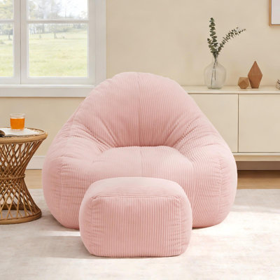 46" Wide Corduroy Bean Bag Chair with Ottoman, Memory Foam Large Lazy Floor Sofa for Adults, Oversized Comfy Gaming Beanbag Lounger Seat for Living Room Bedroom, Holds Up to 500 LBS