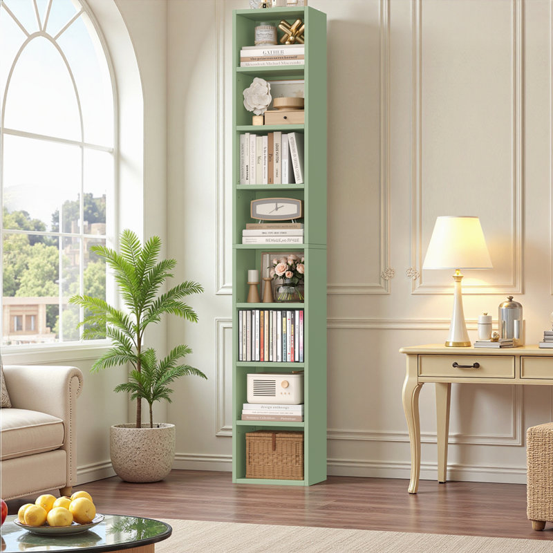 Gracyn 8-Tier Narrow Bookshelf With Adjustable Shelves, Green, 1