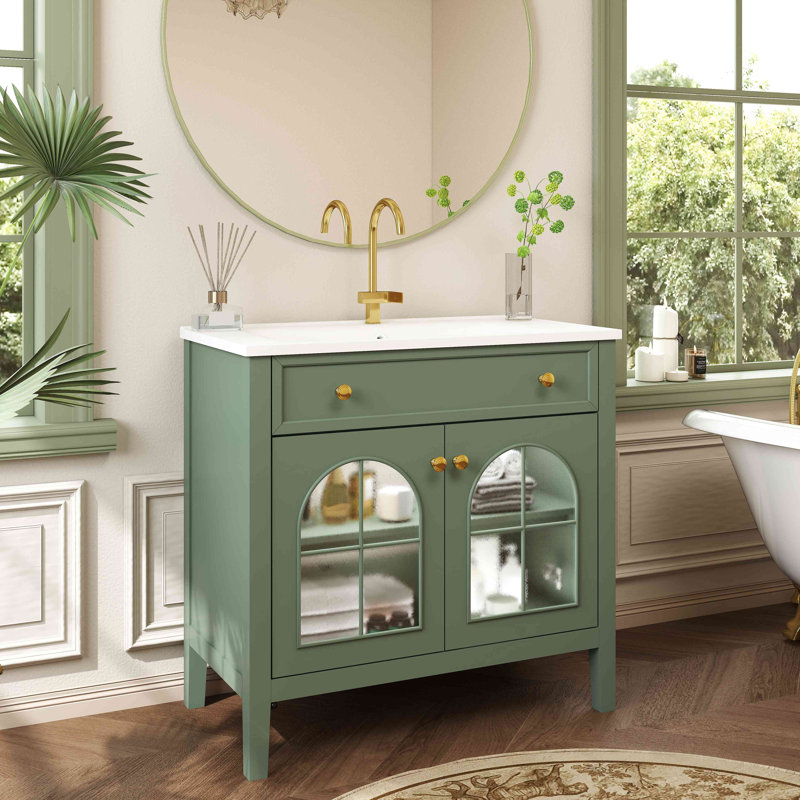 Meuble-lavabo de salle de bain 35,6 po Mid-Century avec verre à motif et bande lumineuse à capteur de mouvement, meuble-lavabo sur pied Farmhouse