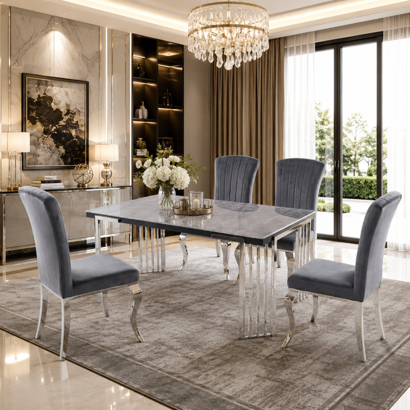 Cindy Grey Sintered Stone Dining Table with Luxury Silver Legs