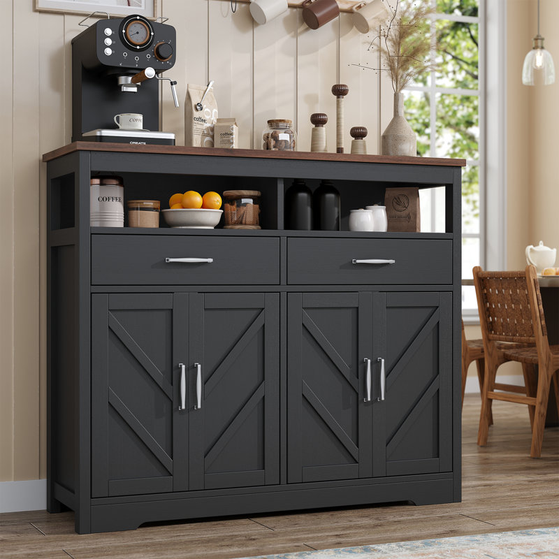 Buffet 47 po avec 4 portes, armoire de rangement et buffet pour la cuisine 47 po, grande armoire à café avec tablettes réglables pour la salle à manger, le vestibule, le salon, le buffet, noir