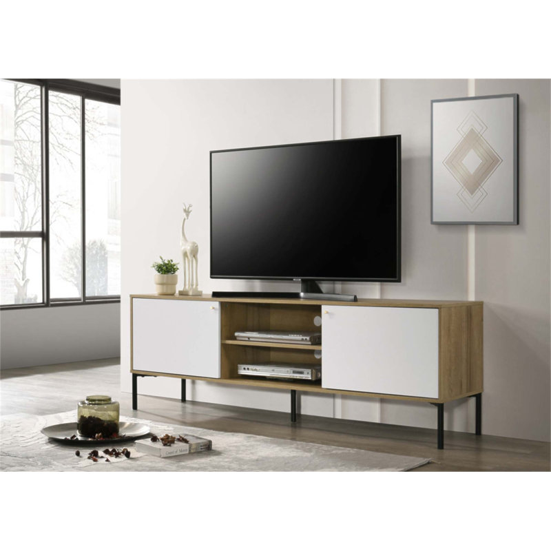 Bacco 70 Inch Wide White And Oak 2-Door TV Stand With Adjustable Shelf And Cable Management