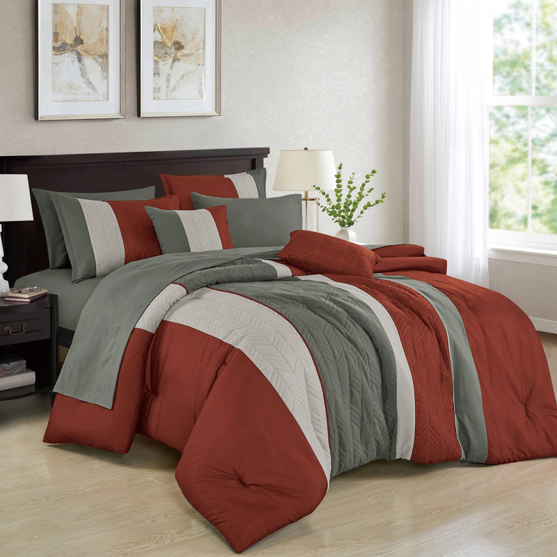 Ensemble d'édredon 9 pièces à broderie à blocs de couleur rustique, literie douce avec draps et oreillers, très grand