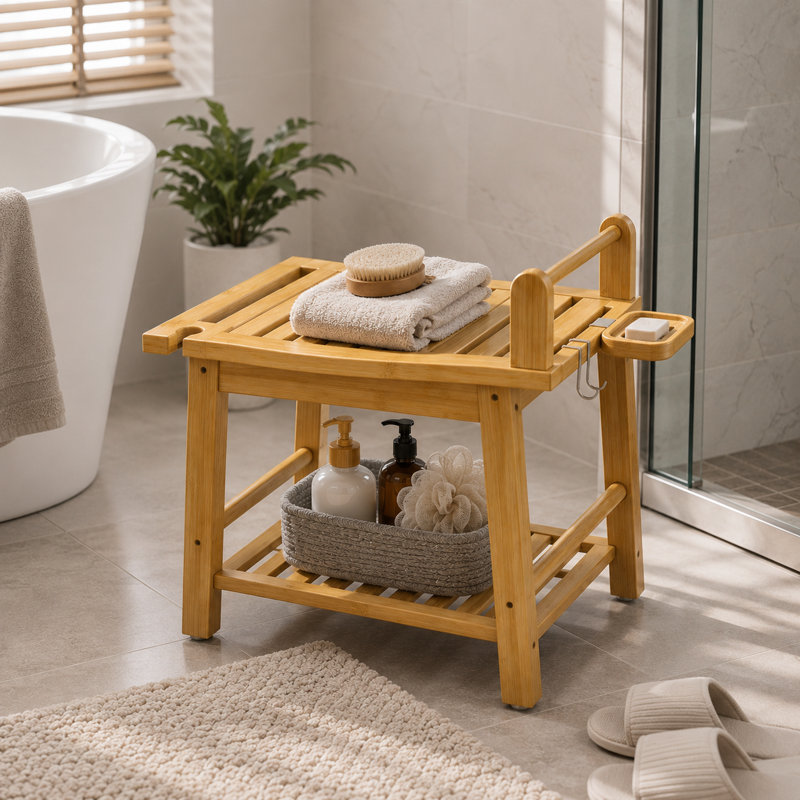 Banc de douche en bambou - Siège de rasage des jambes multifonctionnel et table d'appoint, Brun