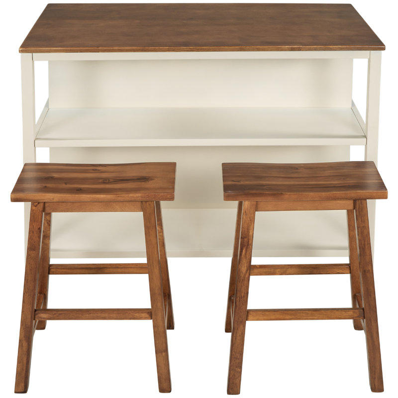 Ensemble d'îlot de cuisine 3 pièces 45 po avec 2 sièges, ensemble de table de salle à manger en bois d'hévéa avec 2 tablettes ouvertes