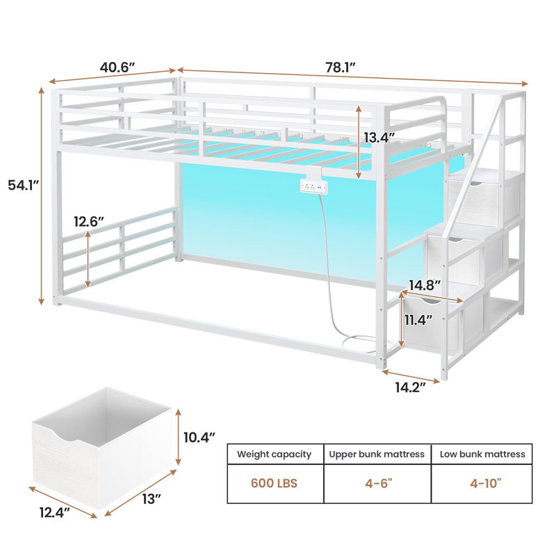 Low Bunk Bed With Storage Staircase, Drawers And Shelves, Led Lights, Power Outlet, Full-length Guardrail, For Small Space