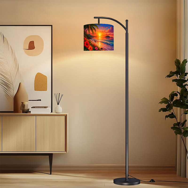 Lampe sur pied à arc avec abat-jour réglable Tropical Sunset Beach Vibrant Flowers Palm Tree Lampadaire