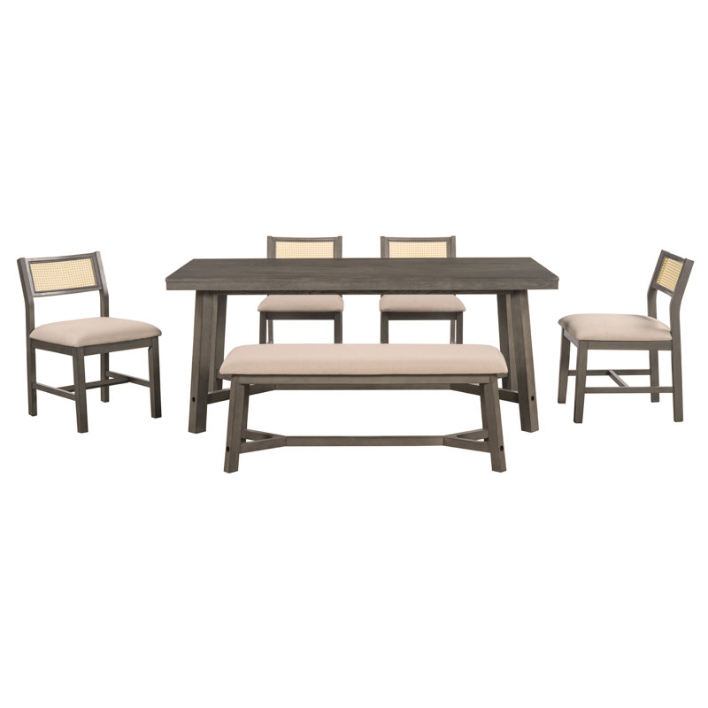 Ensemble de salle à manger 6 pièces de style maison de campagne rétro, table rectangulaire et 4 chaises rembourrées avec rotin et banc (gris)