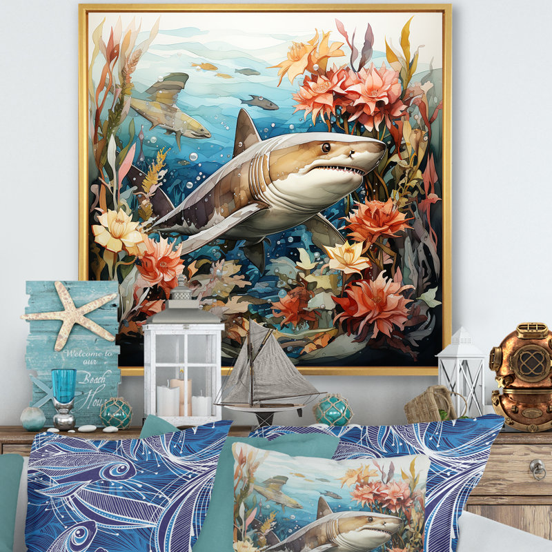 «Curious Shark Ocean Blooms II» - art mural requin, Cadre flottant doré, H 36 po x l 36 po x P 1,5 po