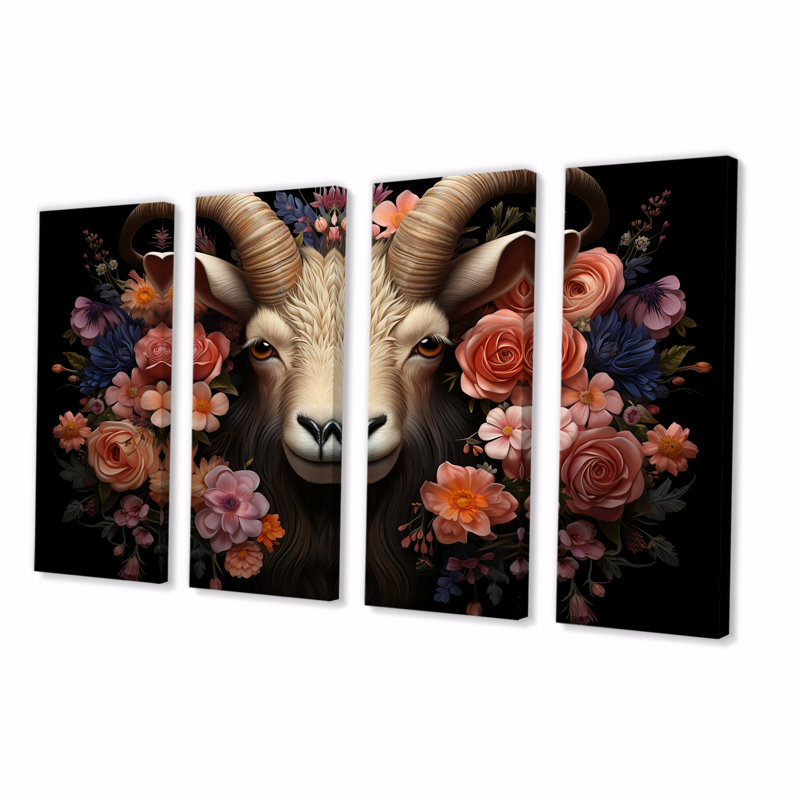 Portrait de chèvre rose et mauve - ensemble d'art mural 4 pièces, H 28 po x l 48 po
