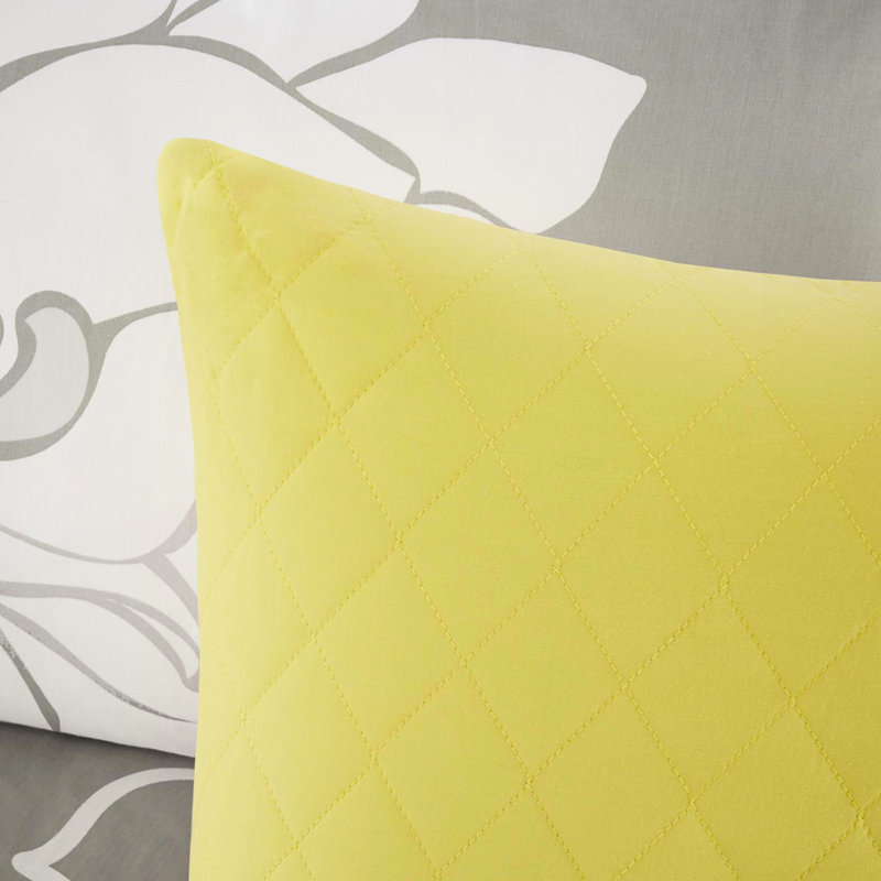 Édredon en coton très grand - gris taupe / jaune, 1 édredon, 2 taies décoratives, 3 oreillers, literie imprimée, Jaune/gris