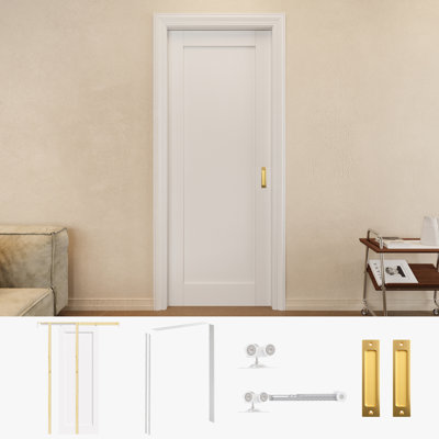 28" x 80" 1-Panel Solid Core Prefinished Sliding Pocket Door with Golden Handles and White Pocket Door Frame