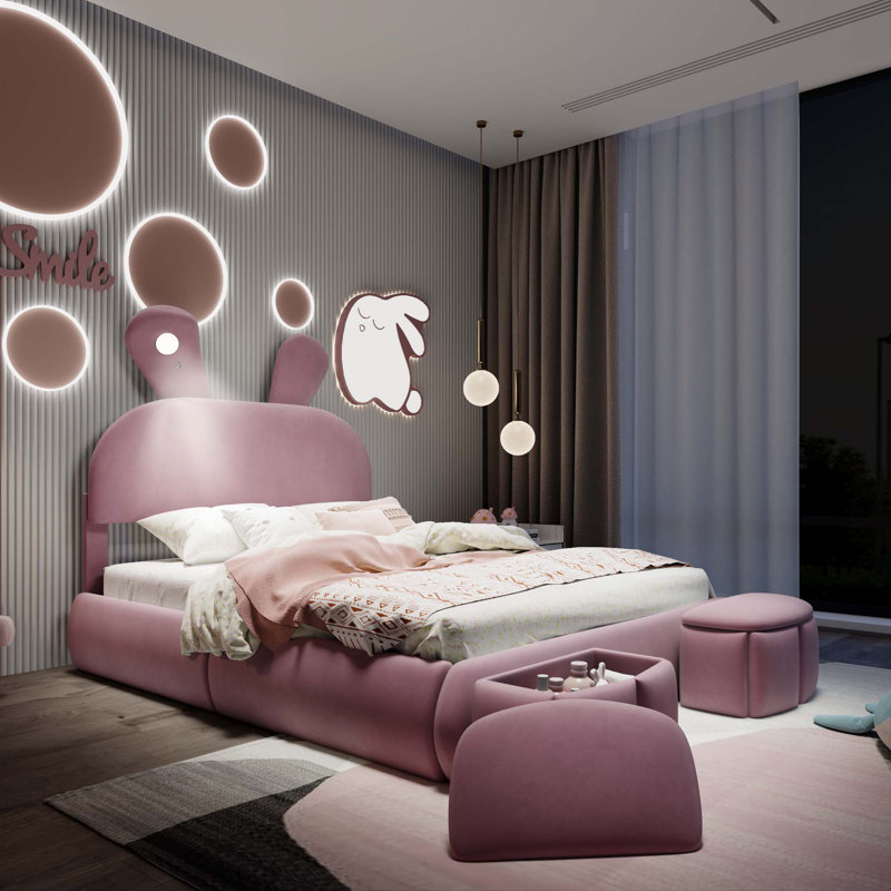 Full Size Upholstered Platform Bed With Cartoon Ears Shaped Headboard And Light, Pink