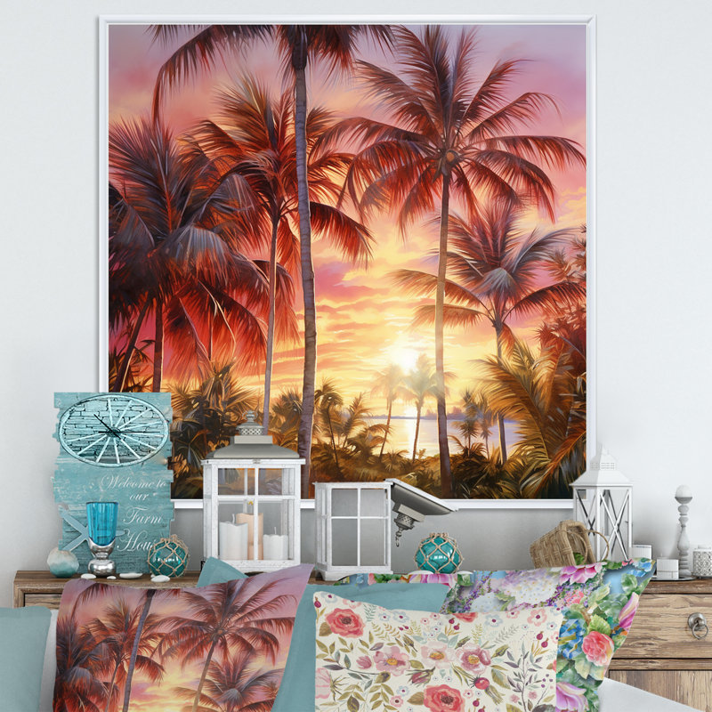 Rose radiance coucher de soleil palmiers IV, Cadre flottant blanc, H 30 po x l 30 po x P 1 po