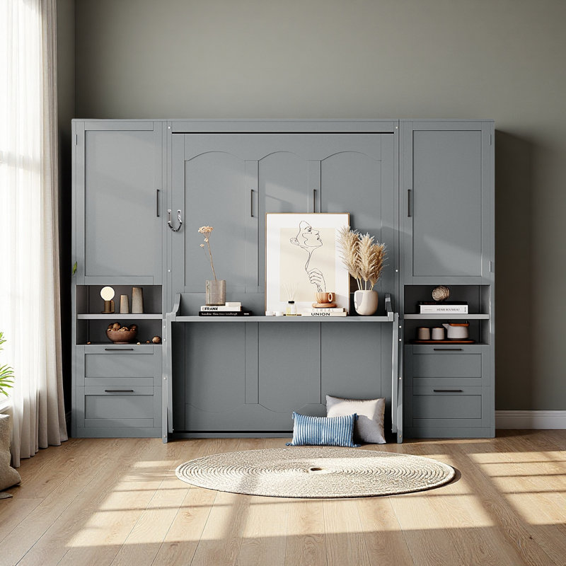 Lit escamotable double pleine grandeur avec placard, tiroirs et tablettes, Gris