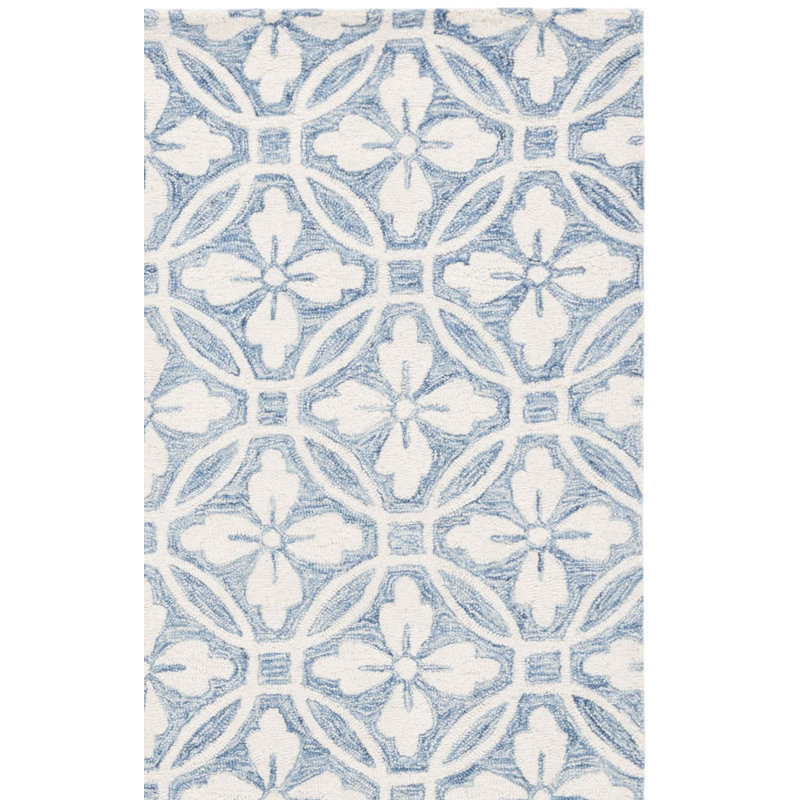 Metro 388 Hand Tufted Wool/Cotton Damask Rug in Ivory/Blue, Runner 2'3" x 8'