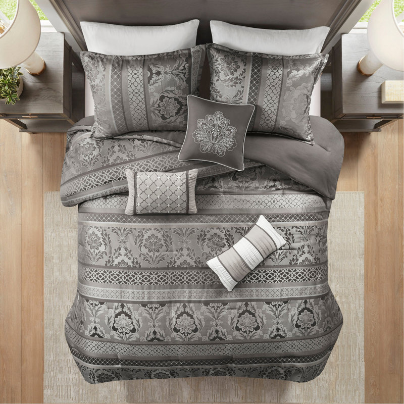 Ensemble d'édredon 7 pièces jacquard gris, Édredon de grande taille et 6 pièces supplément