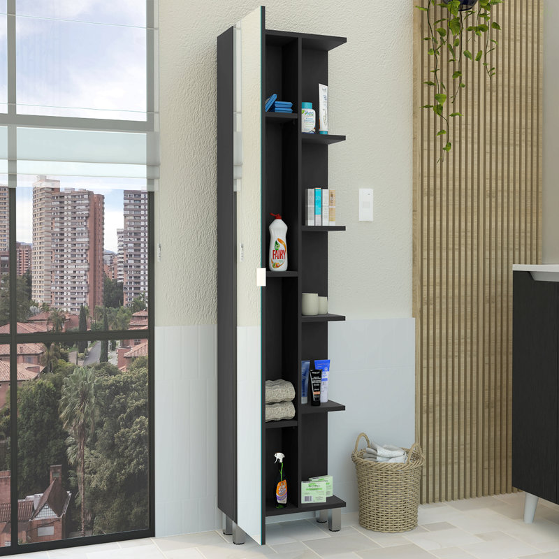 Armoire à linge en miroir, quatre tablettes intérieures, cinq tablettes extérieures, Noir