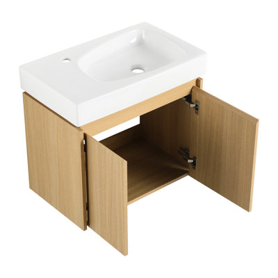 Meuble-lavabo 24 po avec lavabo en céramique, armoire flottante murale, rangement en bois à double porte pour la salle de bain, meuble-lavabo attrayant de qualité supérieure
