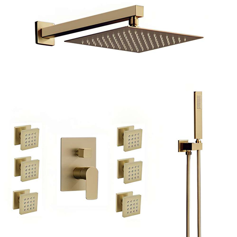 Système de douche thermostatique à fixation murale BathSelect Marseille en or brossé avec pomme de douche carrée, douchette à main et 6 jets pour le corps - expérience spa de luxe pour tout le corps