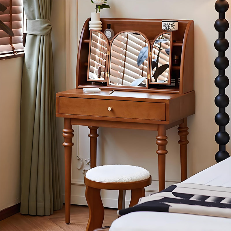 27.56"Retro brown solid wood storage dressing table