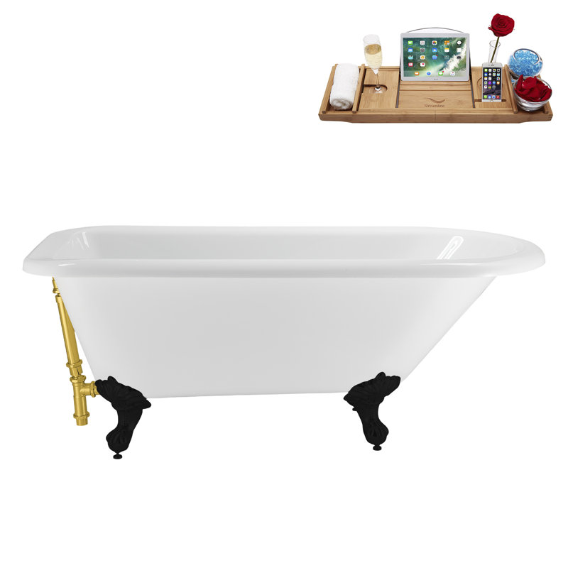 62" Streamline Clawfoot Tub,Tray,Drain, Clawfeet, Matte Black, Polished Gold