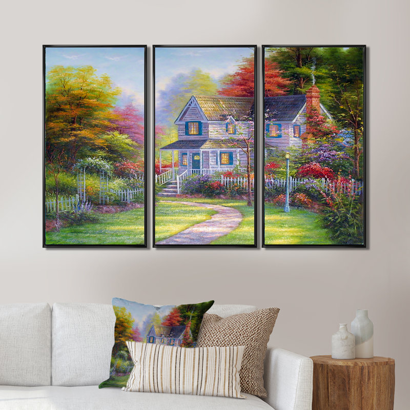 Victorian Garden - Ensemble de 3 toiles encadrées, Cadre noir, H 28 po x l 36 po x P 1 po