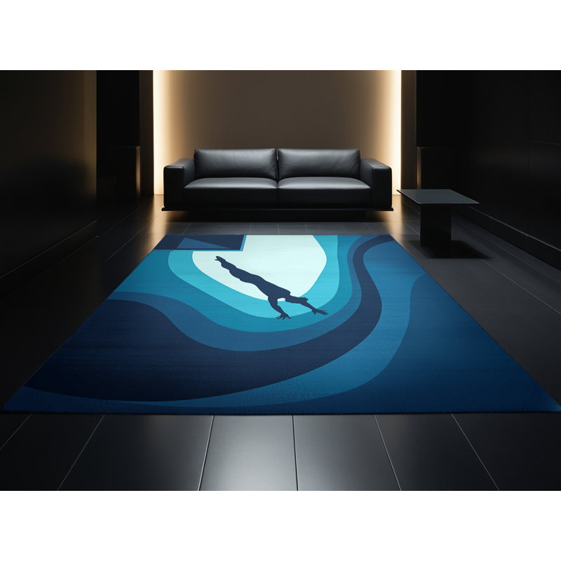 Machine Washable Bracondale Diving Platform Jump Sleek & Chic Modern Rug in Blue – Navy Binding, 5x8