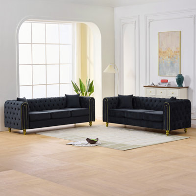 2‑Piece Chesterfield Velvet Sofa Set with Gold Metal Legs, Sturdy Hardwood Frame & Pillows, Ideal for Living Room