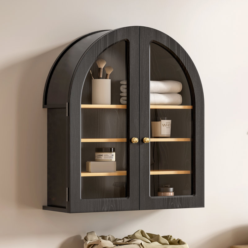 Modern Arch Wall Mounted Cabinet,Bathroom Medicine Cabinet with Adjustable Shelves, 1, Black/Oak