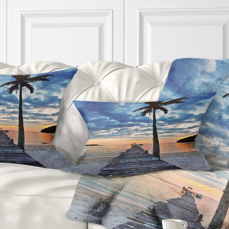 Wooden Pier and Palm Tree - Pier & Bridge Printed Throw Pillow
