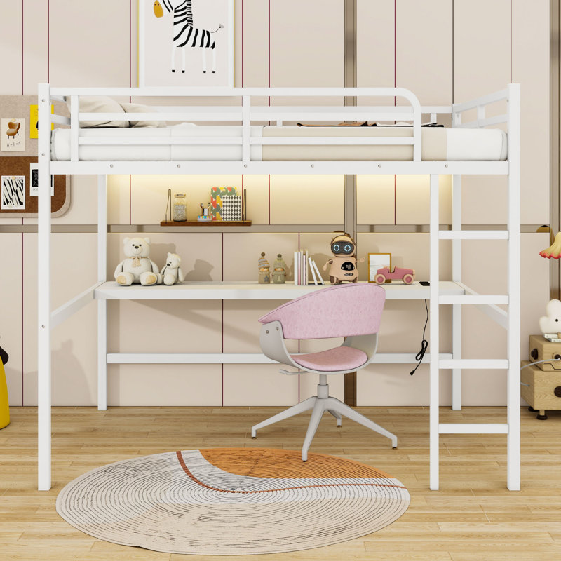 Metal Queen Loft Bed With Desk, Charging Station And LED Lights, White