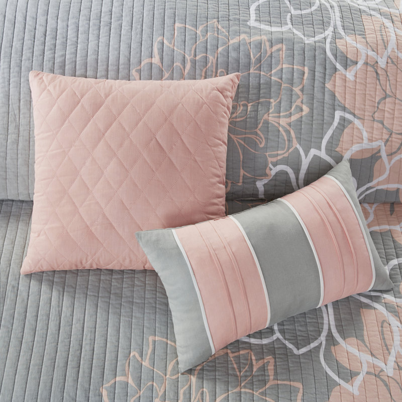 Gray and Peach Floral Reversible Cotton Full Quilt Set