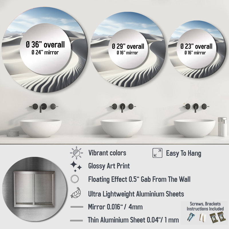 Shadi Desert Dreams Minimalism Embrace IV - Minimalism Wall Mirror, White Round Decorative Mirror, Printed Metal Art