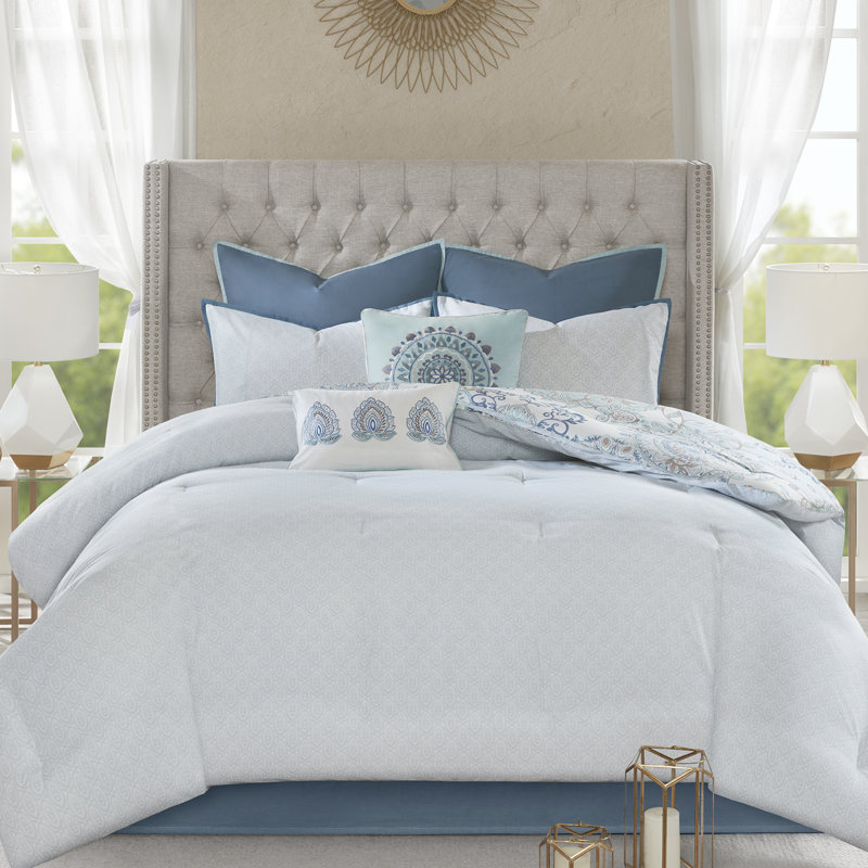 Isla 8 Piece Reversible Cotton Floral Comforter Set, King Comforter + 1 Bed Skirt + 2 Shams + 2 Euro Sh, Blue