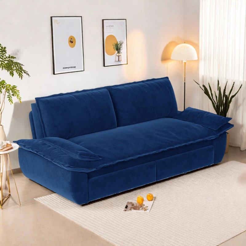 Causeuse convertible 3 en 1 de 73,2 po en velours pour grand lit avec méridienne coulissante, Bleu