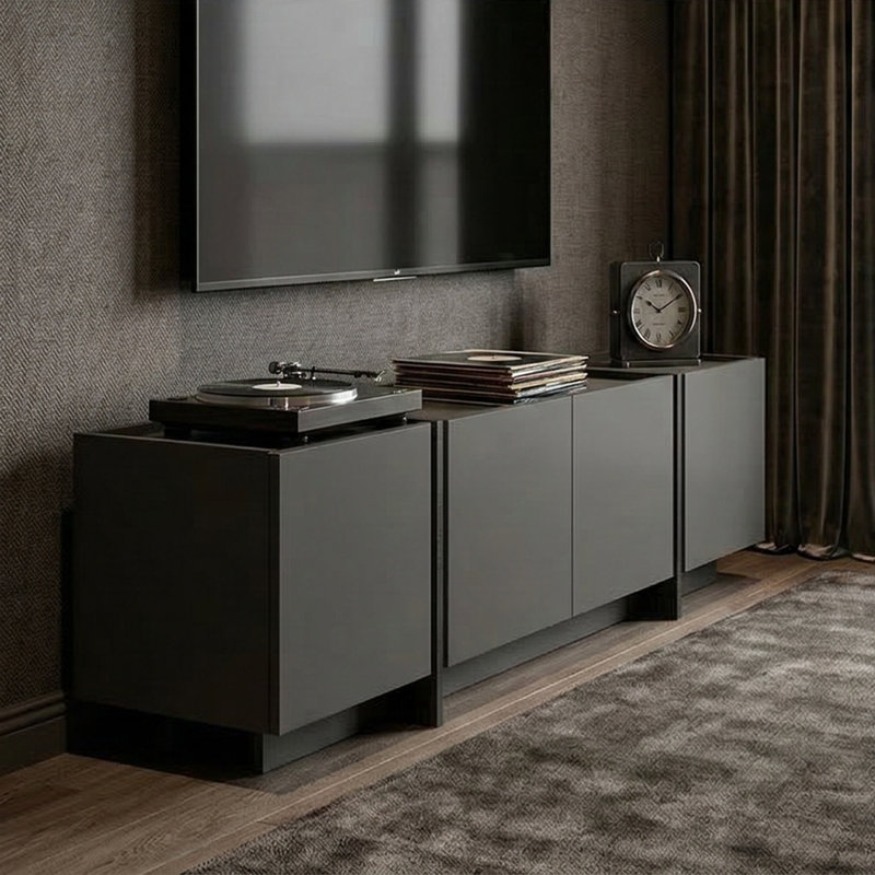 Buffet et console multimédia Aveline de 71 po de largeur avec portes à fermeture en douceur, Anthracite / noir