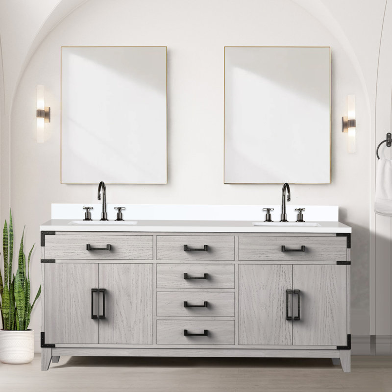 Meuble-lavabo double en chêne blanc 72 po X P 22 po D, avec plateau en marbre de culture