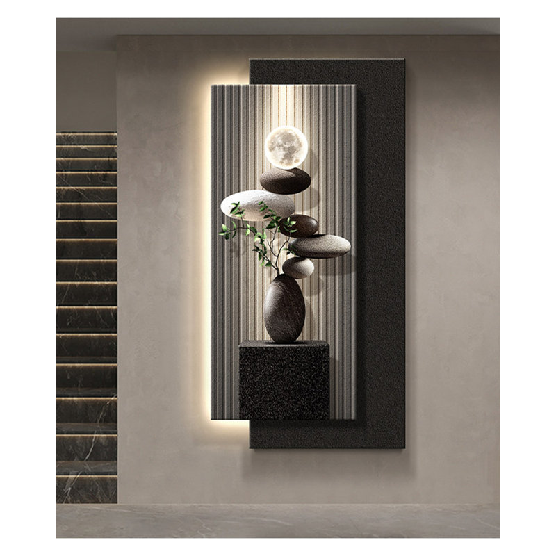 Art mural luxueux en grès de luxe avec rétroéclairage à DEL, vase en pierre et verdure, 39.37'' H X 19.69'' W X 1.97'' D