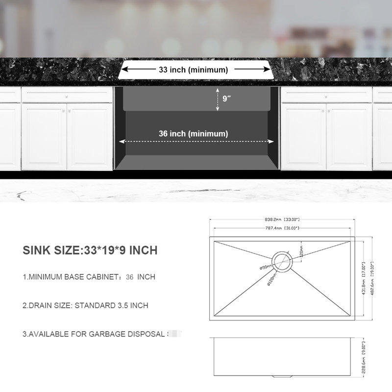 33 Inch Undermount Stainless Steel Kitchen Sink 16 Gauge 9 Deep Single Bowl, Equipped With Drain Assembly, X - Shaped Water Guide For Smooth Movement, Condensation Coating, 3Mm Pad Noise Cooking,