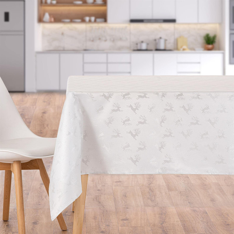 Christmas Tablecloth Metallic Deer Design, White;Silver, 132cm W x 228cm L