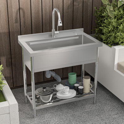 Évier de service de station de travail autoportant en acier inoxydable de 36 po L x 21 po avec robinet escamotable, planche à découper et support à roulettes, évier de cuisine à cuve simple de qualité commerciale avec crépine