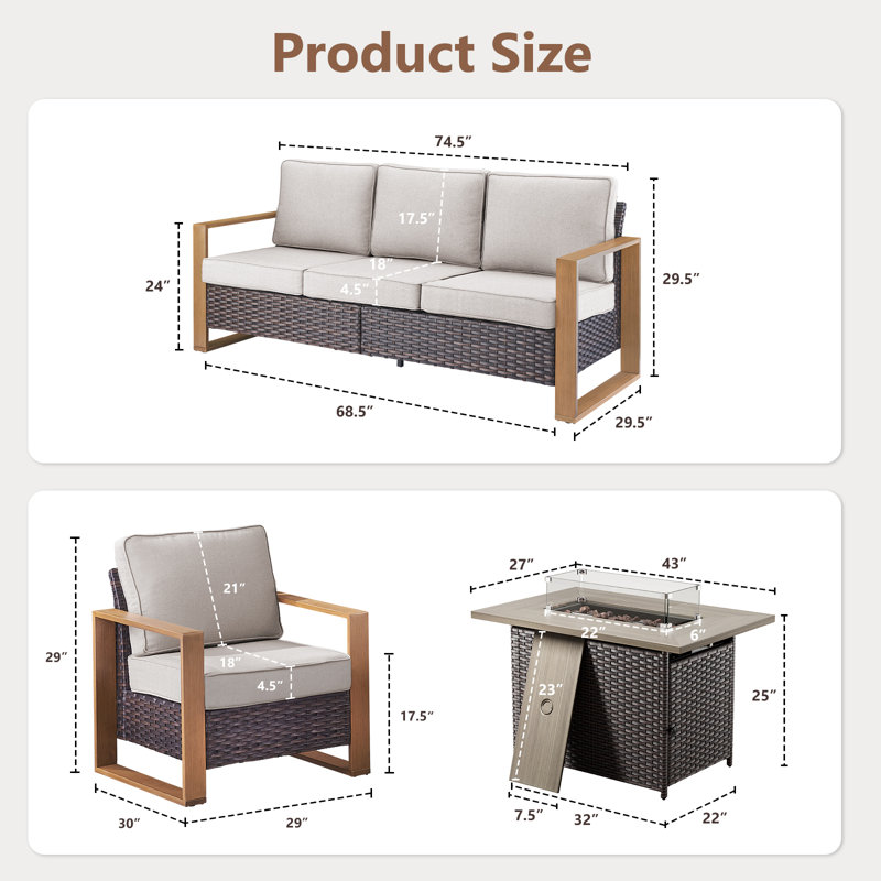 Ensemble de conversation pour foyer d'extérieur moderne en rotin 4 pièces avec canapé et fauteuil, Beige, Brun
