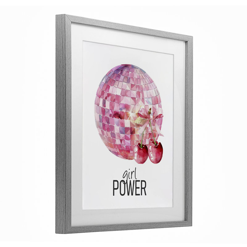 Girl Power Disco Cherries, impression sous verre encadrée, design par Kim Allen, H 16 po x l 13 po, Cadre de ferme gris