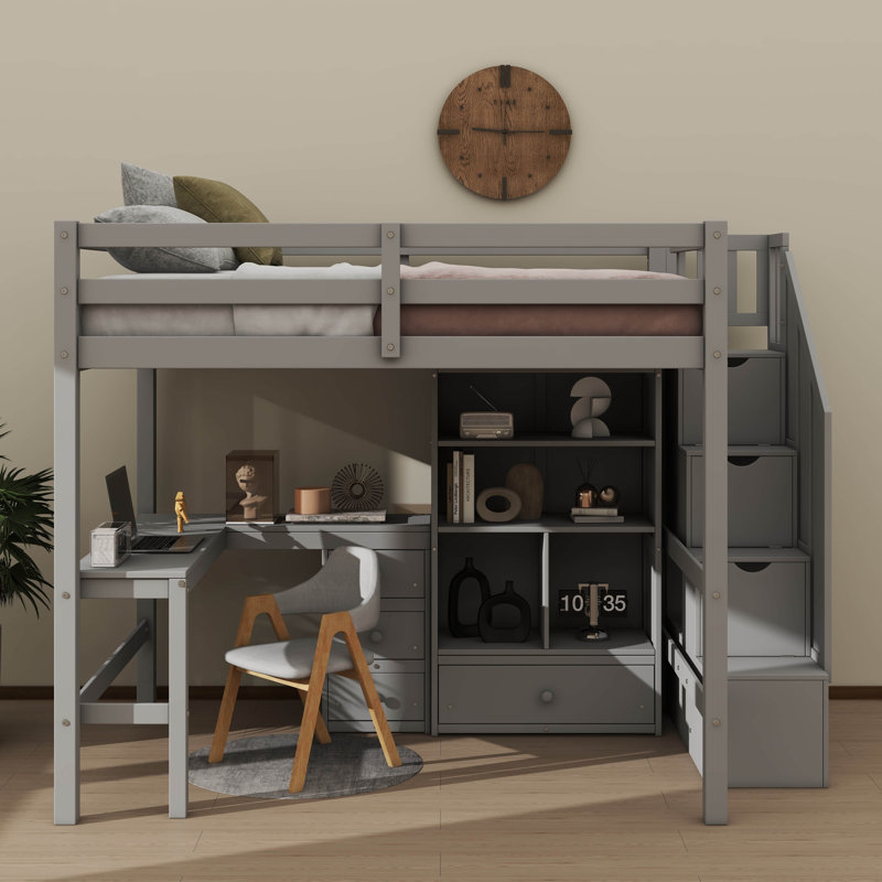 Lit mezzanine double avec bureau, armoire et escalier de rangement, Gris