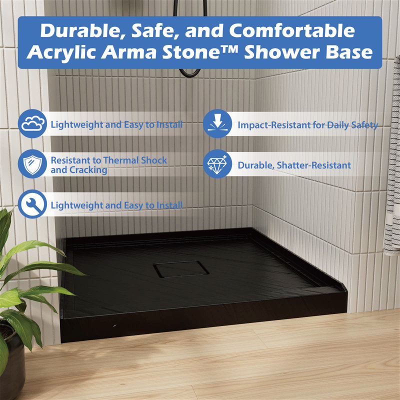 36" W X 36" D Arcylic & Arma Stone Shower Base, Textured No-Slip Design, With Matched Drain Cover (Drain Assembly Not Included)
